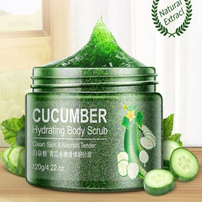 Cucumber hydrating body scrub jar with green lid and cucumber slices on a light background
