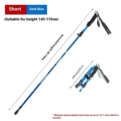 Collapsible dark blue trekking pole, adjustable length, with ergonomic handle and wrist strap.