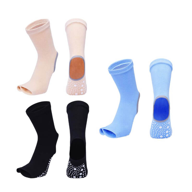 Set of various socks with different designs and colors on a white background