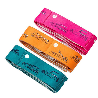 Set of three colorful fabric resistance bands with exercise illustrations for strength training