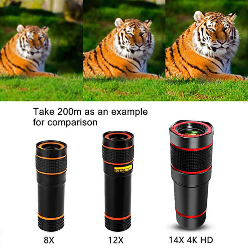 Telescopes with magnification ratings displayed below a tiger image