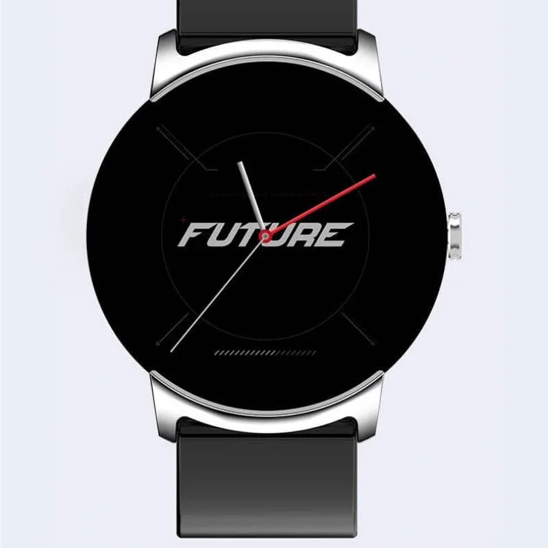 Black modern fitness smartwatch with round face, silver accents, and FUTURE text on display