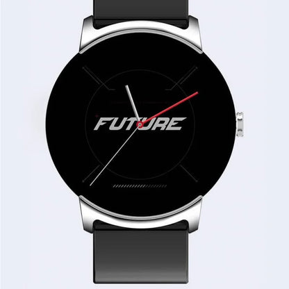 Black modern fitness smartwatch with round face, silver accents, and FUTURE text on display