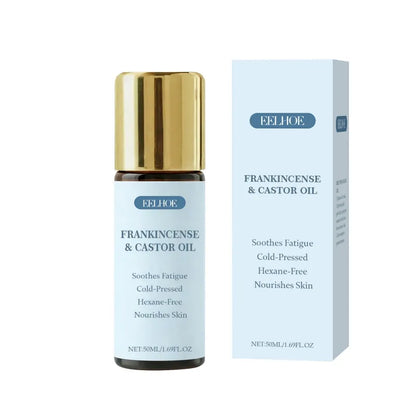 Frankincense & Castor Oil bottle with gold cap and packaging on a white background