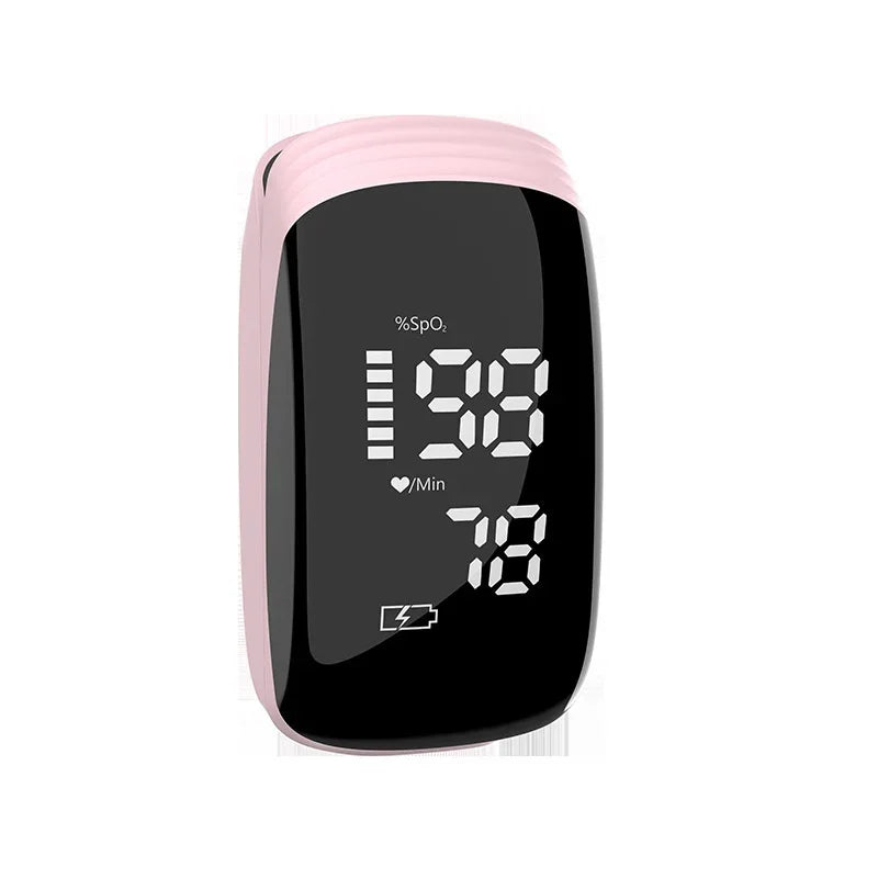 Digital fingertip pulse oximeter with heart rate and SpO2 display, pink trim