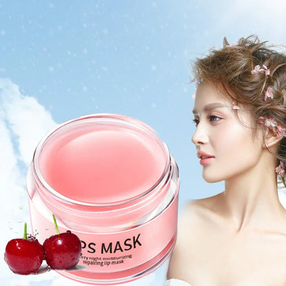 Moisturizing pink lip mask jar with cherries, woman with clear skin and floral hair, sky background