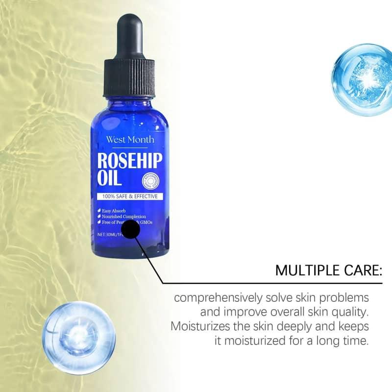 Blue bottle of rosehip oil serum with dropper on light background, skincare product