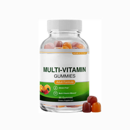 Bottle of multi-vitamin gummies with gummy bears on a white background