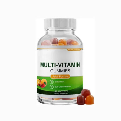 Bottle of multi-vitamin gummies with gummies on a white background