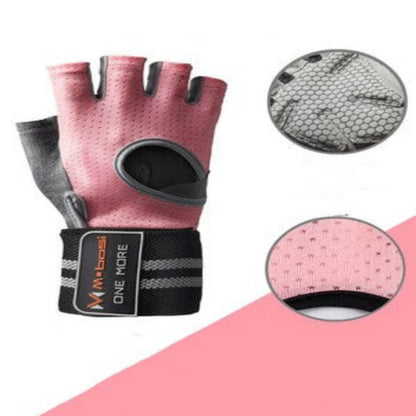 Pink fitness glove with black wrist wrap and detailed view on a pink background