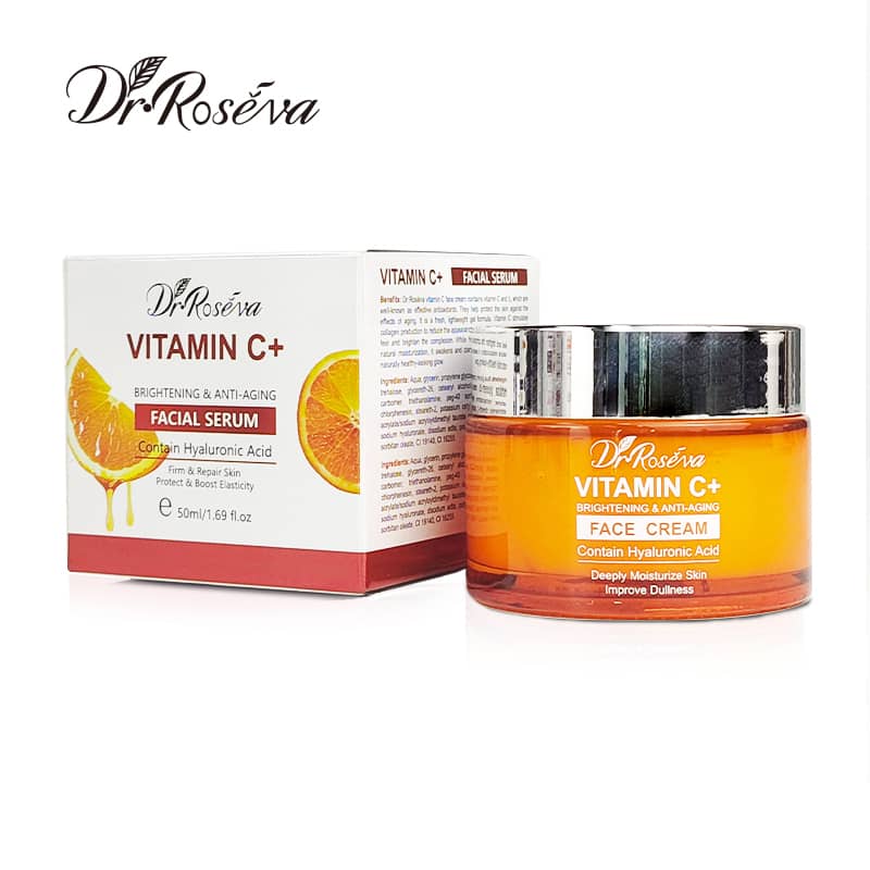 Dr. Roseva Vitamin C+ skincare products on a white background
