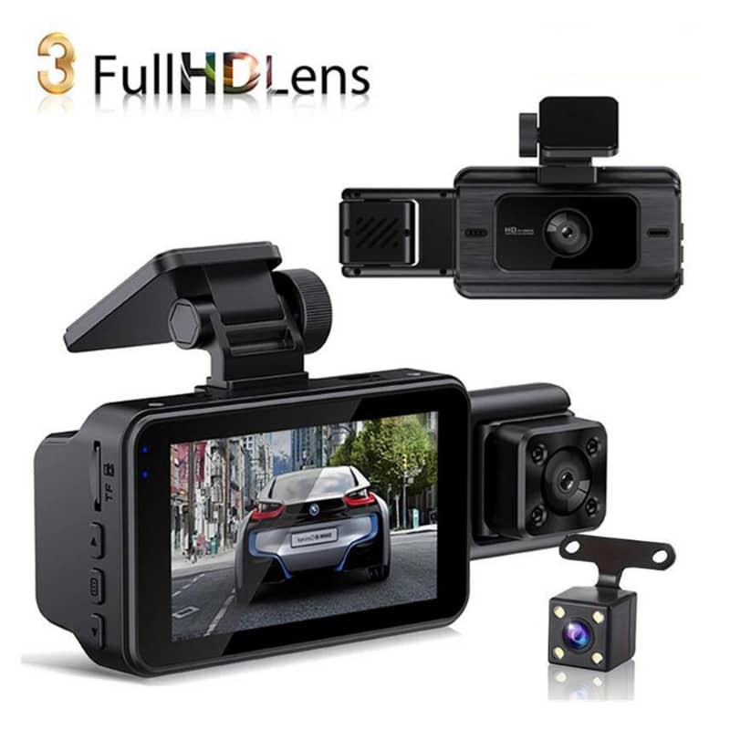 Car dashboard camera system with multiple cameras and a screen displaying a car in a city street.