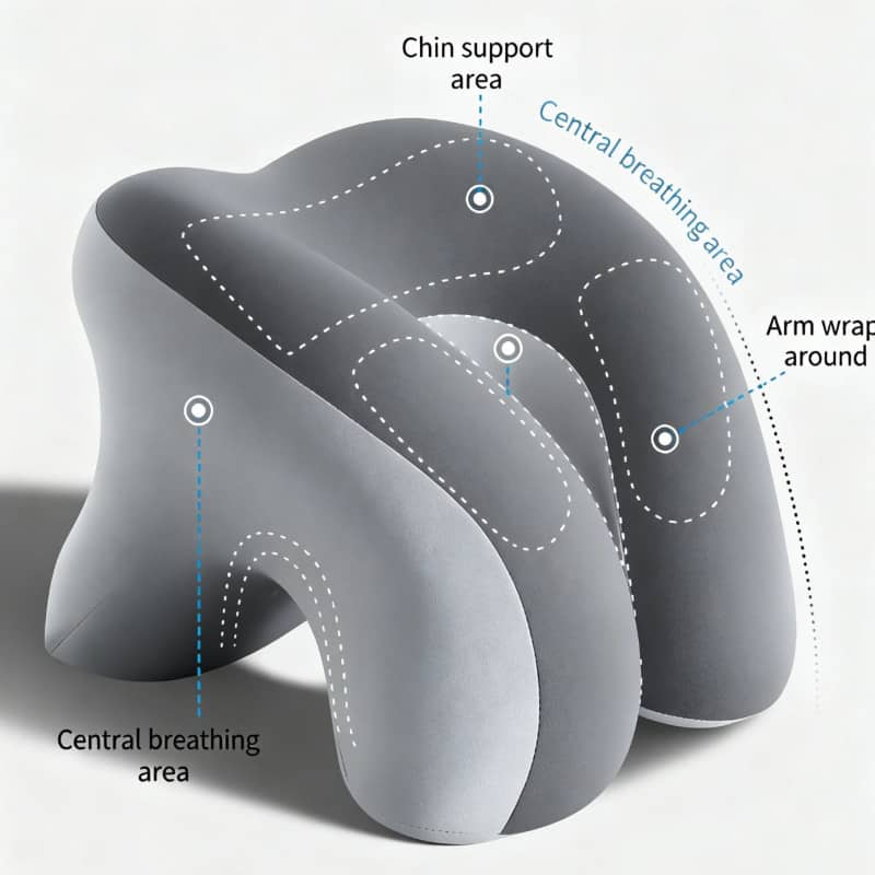 Gray neck pillow with labeled areas on a white background