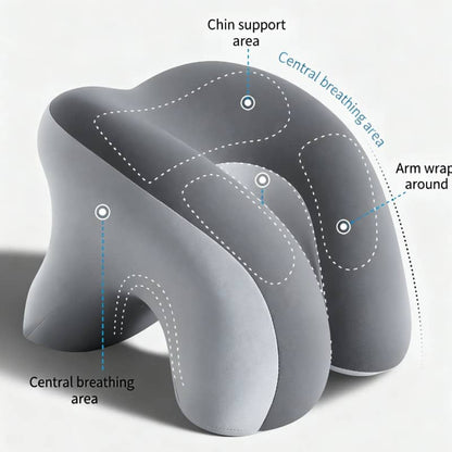 Gray neck pillow with labeled areas on a white background