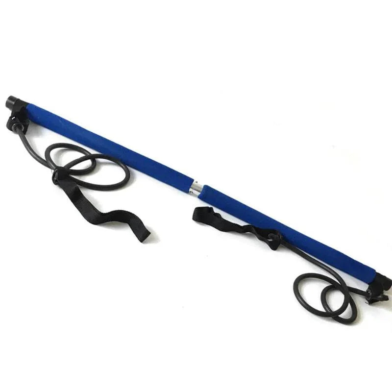Blue resistance training bar with attached fitness bands on a white background