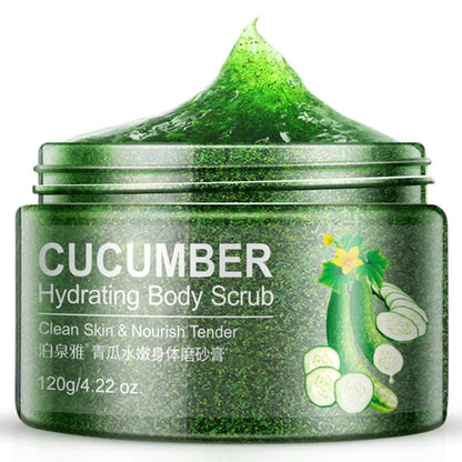 Cucumber hydrating body scrub jar with green lid and visible cucumber illustration on a white background