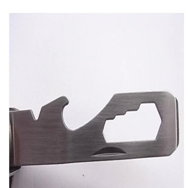 Stainless steel multi-tool with bottle opener and hex wrench features on a white background