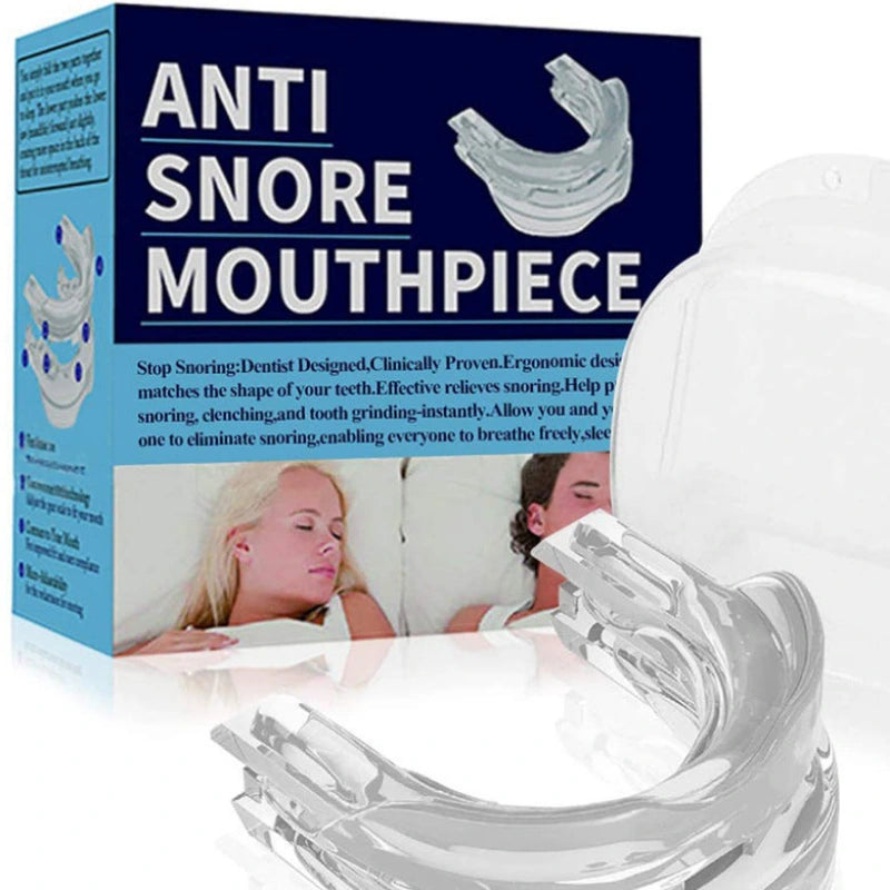 Anti-snore mouthpiece with packaging on a white background