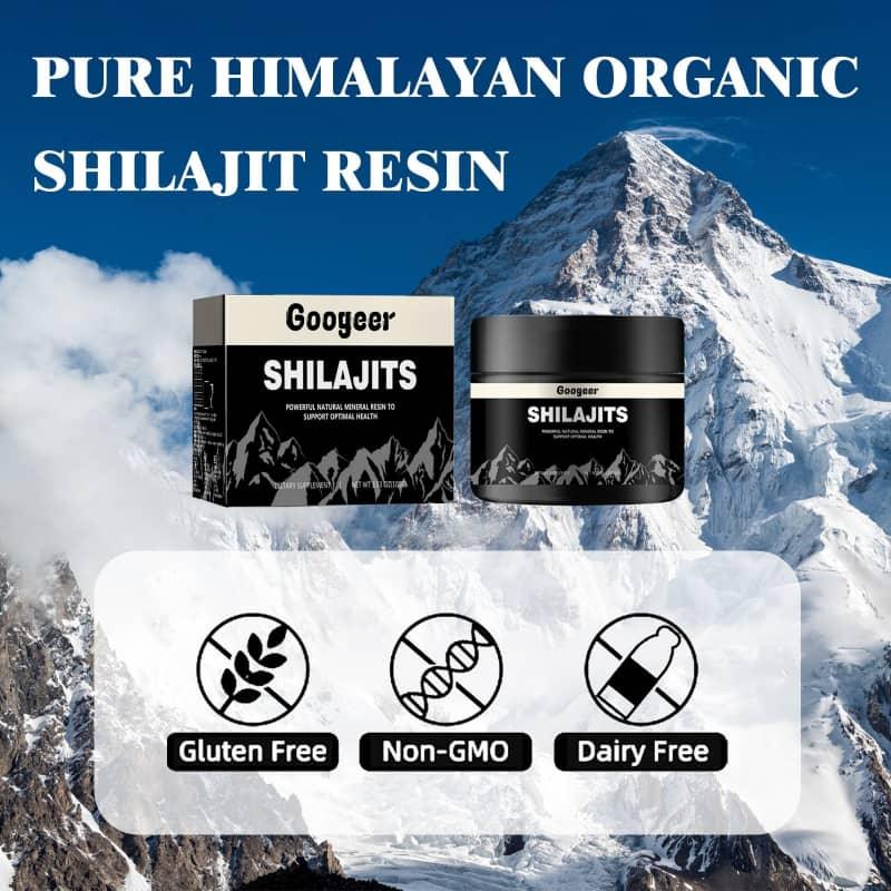 Pure Himalayan organic shilajit resin supplement, gluten free, non-GMO, dairy free, mountain background.