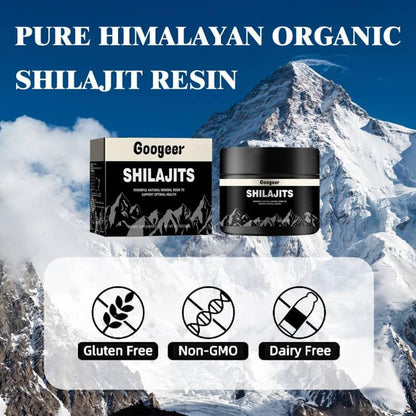 Pure Himalayan organic shilajit resin supplement, gluten free, non-GMO, dairy free, mountain background.