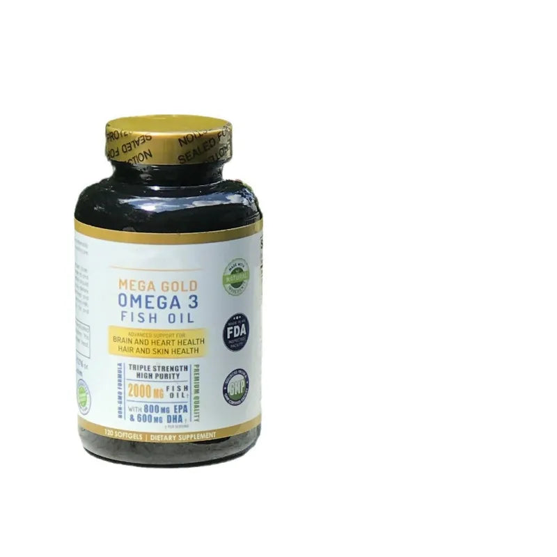 A bottle of Mega Gold Omega 3 Fish Oil dietary supplement on a plain white background.
