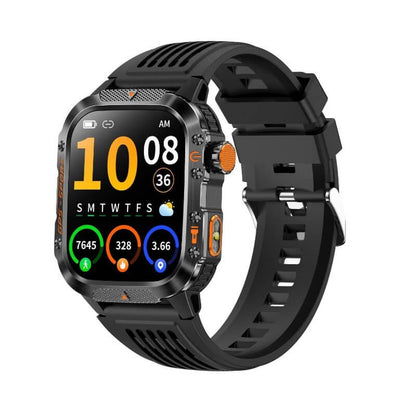 Black rugged fitness smartwatch with activity tracking and colorful display