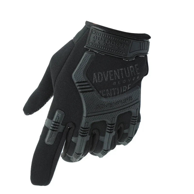 Black outdoor adventure glove with reinforced knuckles and textured grip, full-finger design