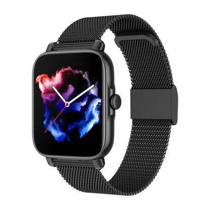 Smartwatch with a black mesh band on a white background