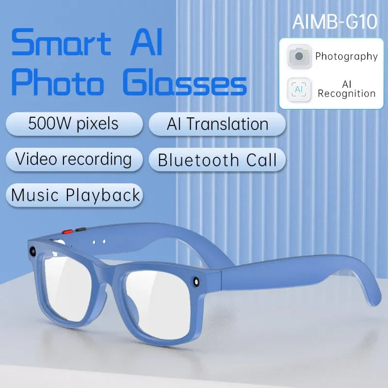 Blue smart AI photo glasses with clear lenses, shown on a light gray surface against a blue striped background with feature callouts including '500W pixels', 'AI Translation', 'Video recording', 'Bluetooth Call', and 'Music Playback'.