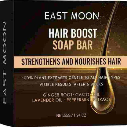 East Moon Hair Boost Soap Bar packaging with plant extract ingredients and hair care benefits.