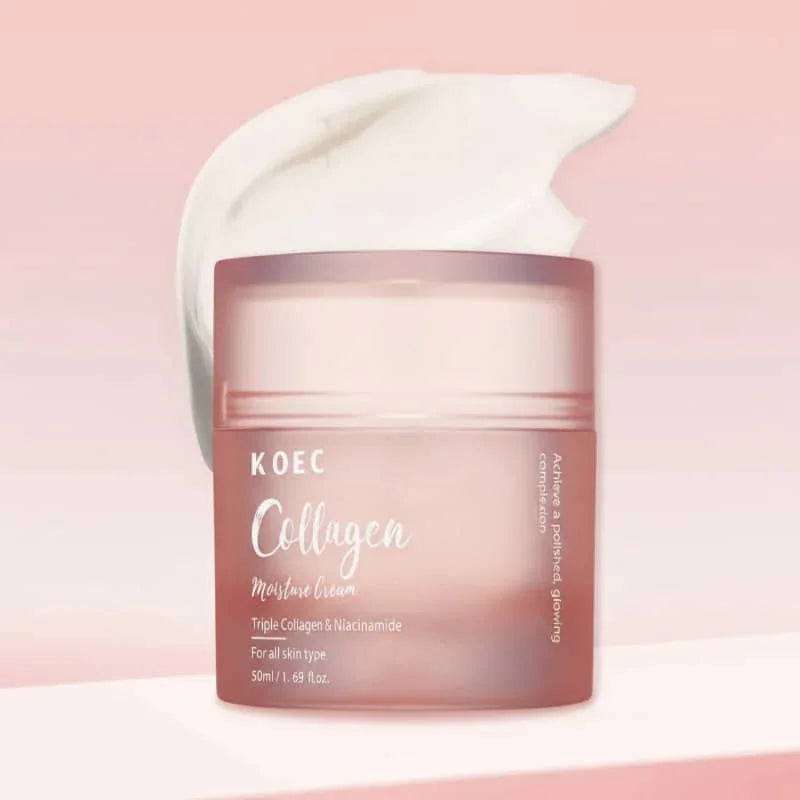 KOEC Collagen moisture cream jar with rich white cream, skincare product on pink background