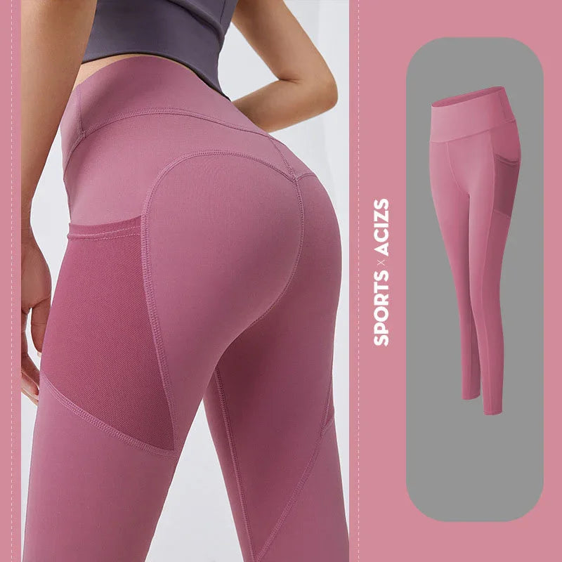 Pink athletic leggings with a inset showing the product name on a pink background