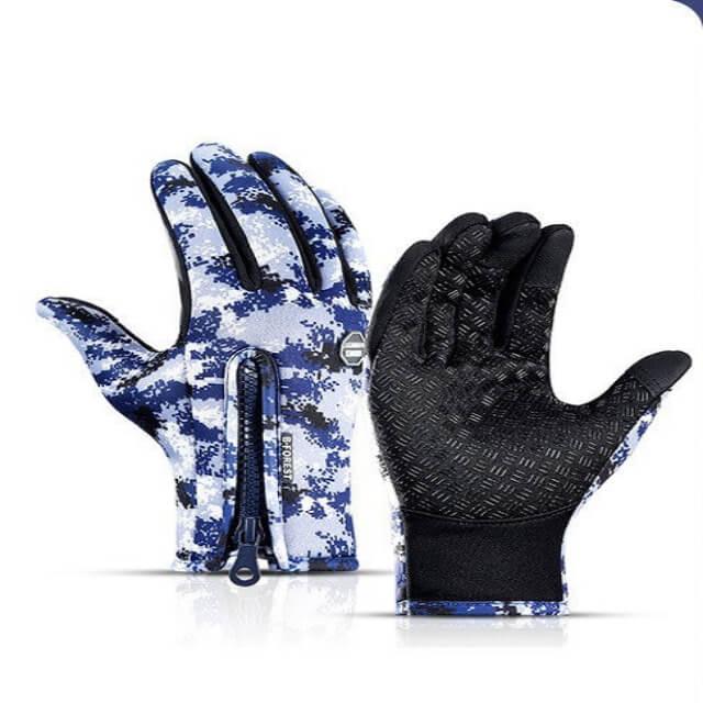 Blue and white camouflage fitness gloves with zipper and textured palm for outdoor workouts