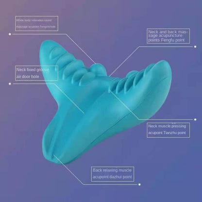 Turquoise tool with labeled massage points on a purple background