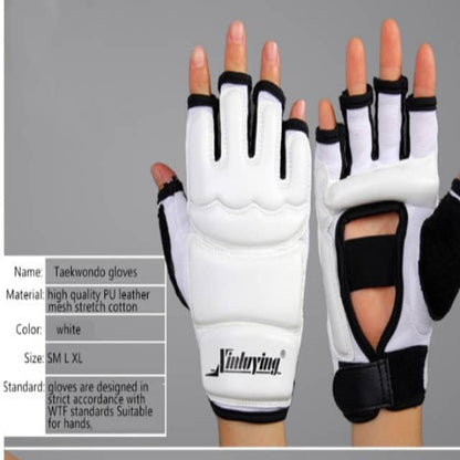 Pair of white taekwondo gloves with black accents on a gray background