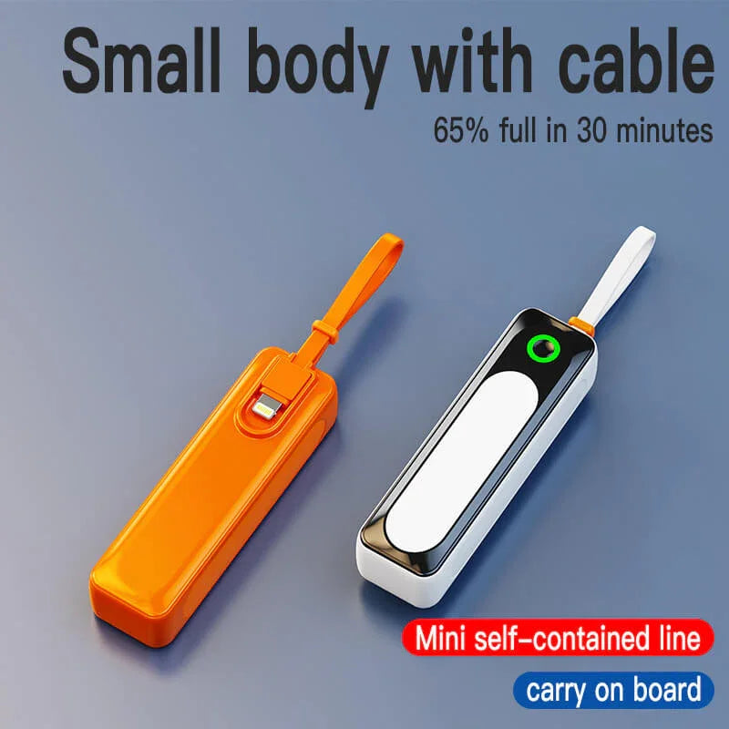 Compact portable power banks with built-in cables, fast charging, orange and white models.