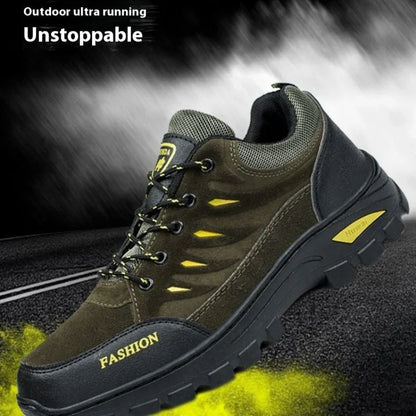 Outdoor running shoe with rugged sole, olive and black design, yellow accents, athletic gear