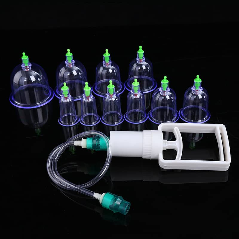 Vacuum cupping therapy set with transparent cups and pump for muscle recovery