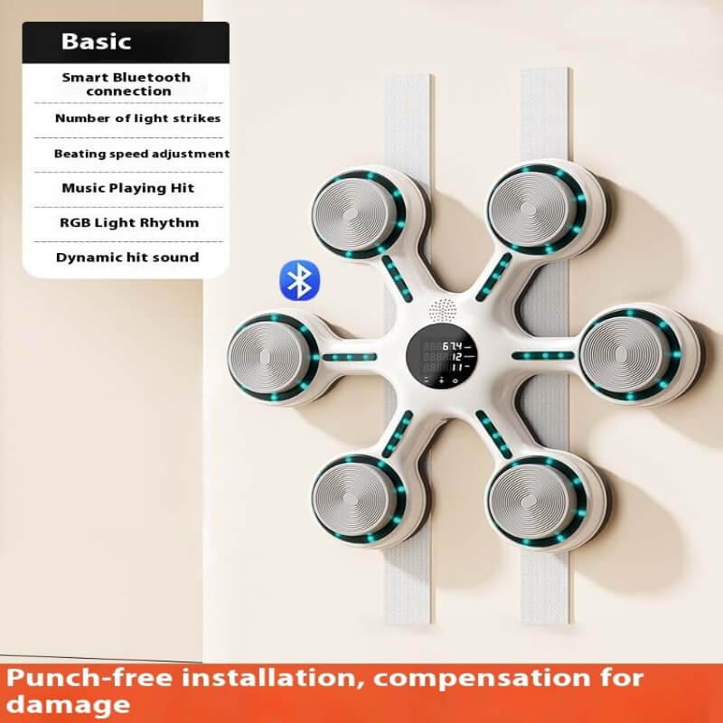 Wall-mounted smart fitness training device with six round pads, Bluetooth, RGB lights, digital display.