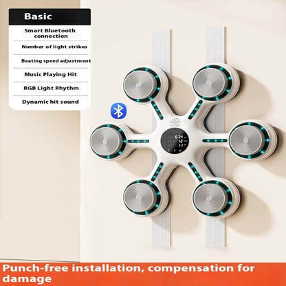 Wall-mounted smart fitness training device with six round pads, Bluetooth, RGB lights, digital display.