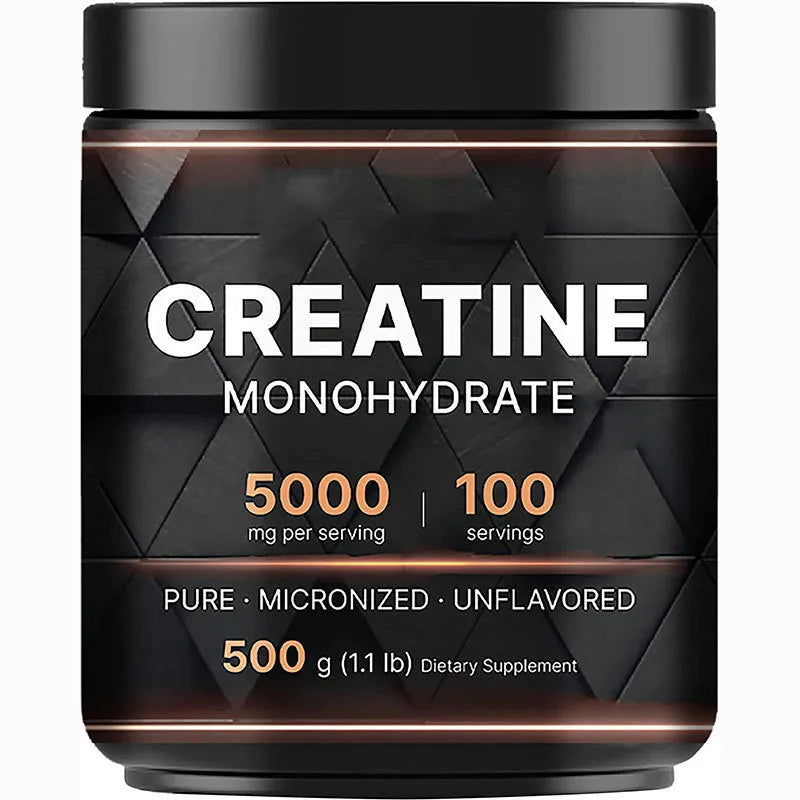 Creatine monohydrate supplement container with black and bronze design