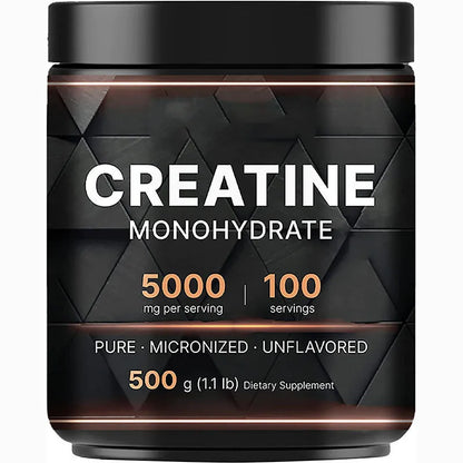 Creatine monohydrate supplement container with black and bronze design