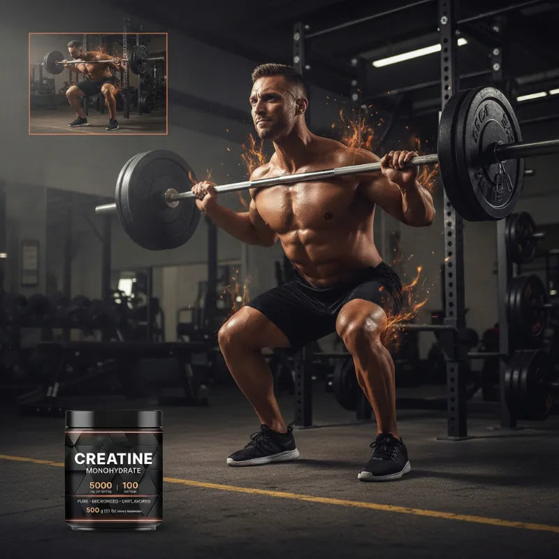A shirtless muscular man in a gym performs a barbell squat, with fiery orange effects around him. In the lower left is a black tub labeled 'CREATINE MONOHYDRATE 6000'.