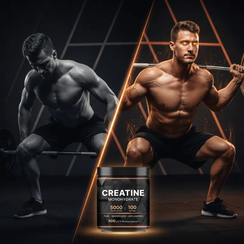 A fitness supplement tub labeled 'CREATINE MONOHYDRATE 5000' 