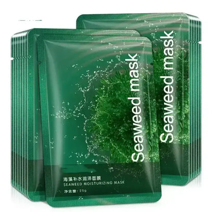 Seaweed moisturizing face mask packs with green seaweed design, hydrating skincare product