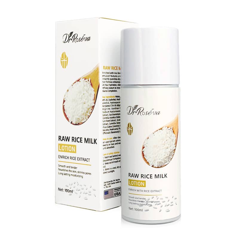 Dr. Roseva Raw Rice Milk Lotion with packaging on a white background