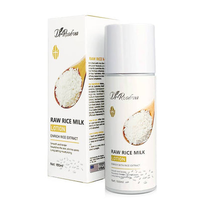 Dr. Roseva Raw Rice Milk Lotion with packaging on a white background