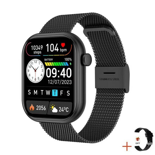 Smartwatch with a black mesh band on a white background