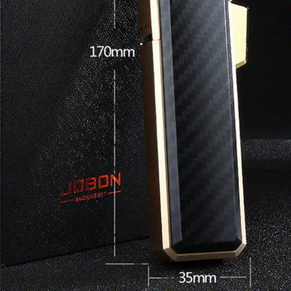 Close-up of a sleek carbon fiber and gold-toned Jobon lighter measuring 170mm by 35mm on a textured black surface