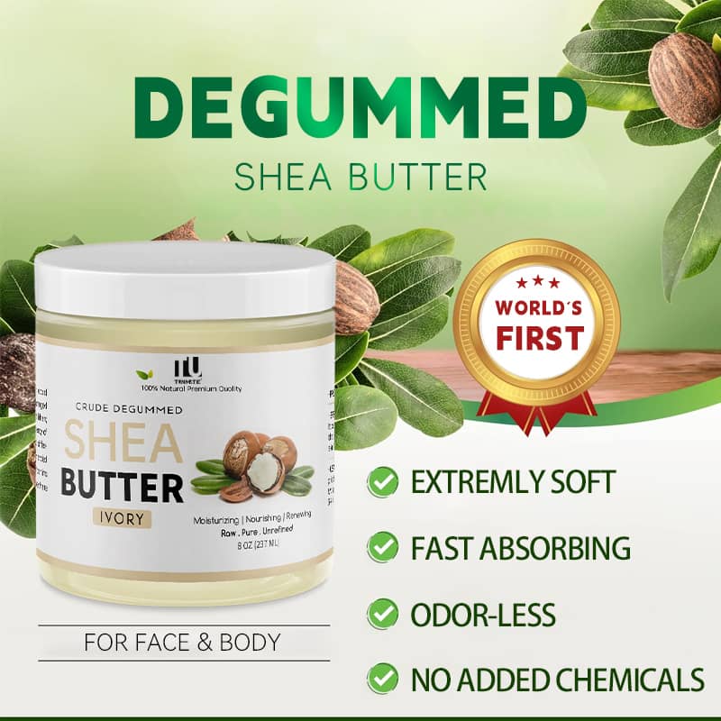 Shea butter container with green leaves and a 'World's First' badge on a light green background